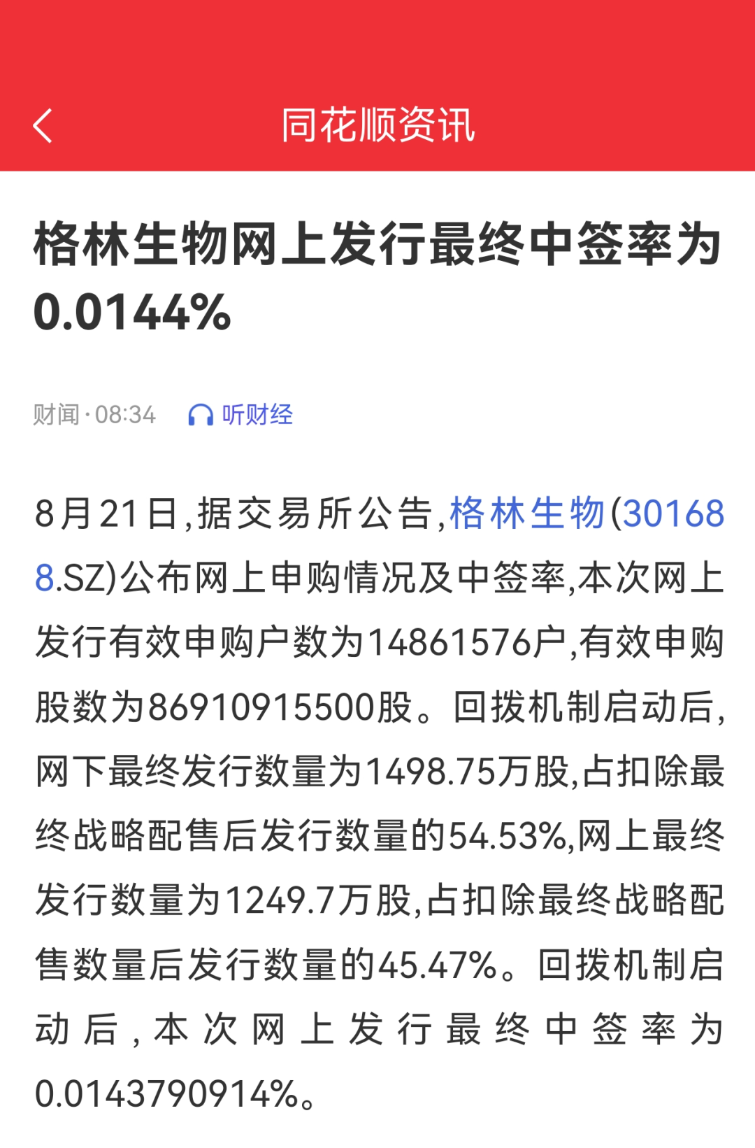 同花顺资讯：格林生物网上发行最终中签率为0.0144%